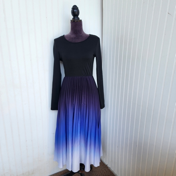 Shein Women's Black to Purple Ombre Pleated Midi Dress Elegant Gradient Sz S (4) - Picture 3 of 14